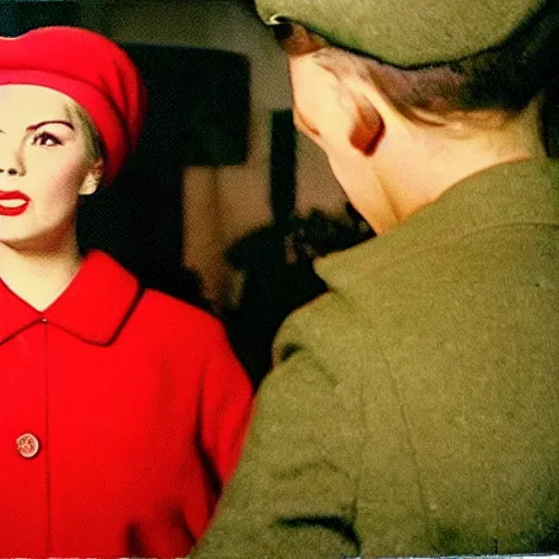Image similar to still from a masterpiece 1 9 6 0 s color art film, very beautiful and elegant girl with large eyebrows and a beret with a disgusted expression while talking to a man, moody lighting, viewed from afar, cinematic shot, they're dressed like communists, red palette