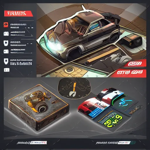 Prompt: car engine, car parts concept, card, comic page, realistic fortnite, ui card