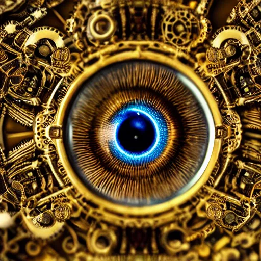 Prompt: a macro photo of a mechanical eye, close - up, large intricate iris with gears inside, intricate brass filaments, intricate details, intricate gears and lenses, intricately detailed engravings, intricately detailed markings, intricate textures, warm lighting, vivid colors, realistic octane render, hyper realistic render, volumetric shading, depth of field, raytracing, 8 k,