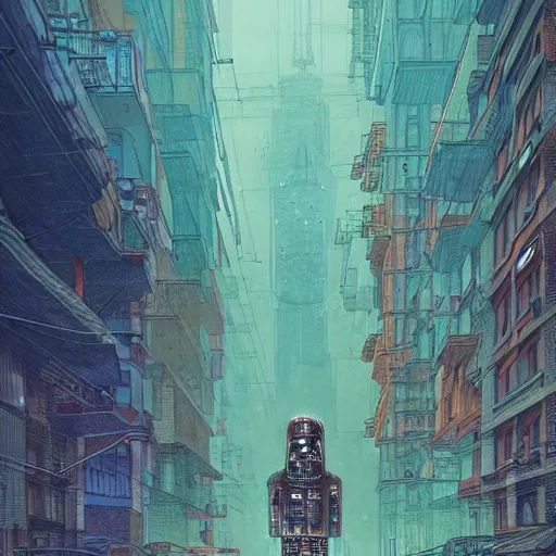 Prompt: a man full body standing next to a huge car in city, people walking in the distance, reflections on wet streets, dieselpunk style, steampunk, art by jean giraud and moebius ; architecture by francois schuiten, beautiful illustration, drawing, painting, clean lines, digital art, symmetric, colorful retrofutur, artstation