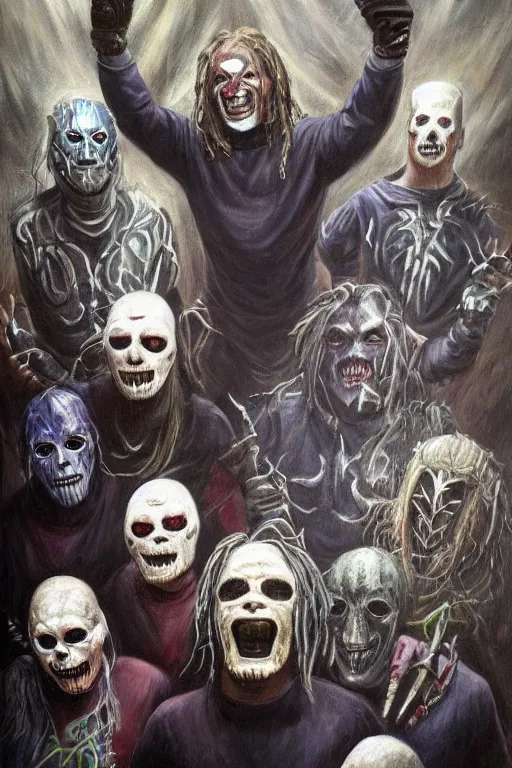 Image similar to a full body high detail fantasy portrait oil painting illustration of slipknot band by justin sweet with face and body clearly visible, in a scenic background, realistic proportions, d & d, rpg, forgotten realms, artstation trending, high quality, sombre mood, artstation trending, muted colours, entire person visible!