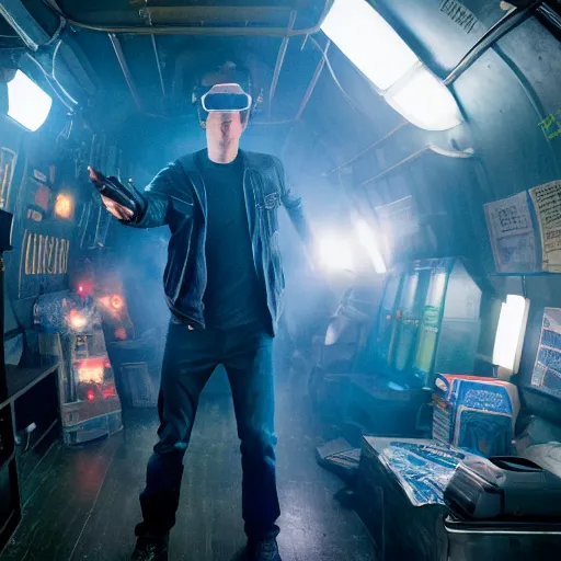 Image similar to Mark Zuckerberg in Ready Player One, movie still, promo material, EOS-1D, f/1.4, ISO 200, 1/160s, 8K, RAW, unedited, symmetrical balance, in-frame