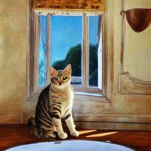 Image similar to very very very very beautiful photo of the cat sitting in provence style interior room, photorealism,