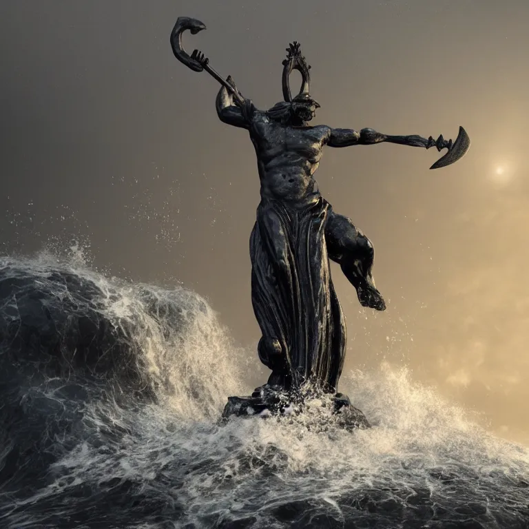 Prompt: octane render portrait by wayne barlow and carlo crivelli and glenn fabry, a massive giant huge black marble statue of poseiodon holding a trident in the center of giant massive crashing tidal waves, sea foam, fog, cinema 4 d, ray traced lighting, very short depth of field, bokeh