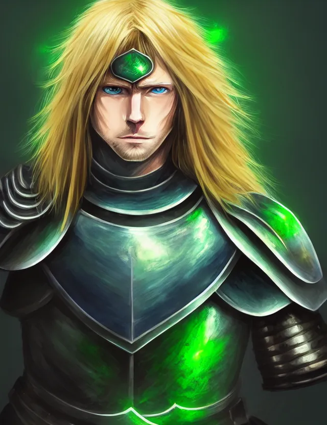 Image similar to an excellent upper body anime portrait of a long haired blonde man with blue eyes in green plate armour glowing with green energy, trending on artstation, digital art, 4 k resolution, detailed, high quality, sharp focus, hq artwork, coherent, insane detail