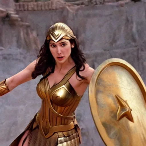 Image similar to the greek goddess athena in battle, scene from live action movie, starring gal gadot