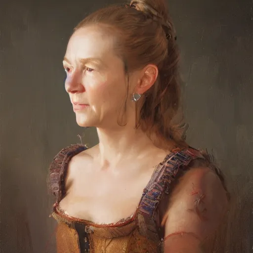 Prompt: portrait of a dutch woman ( 3 1 ) from the netherlands in 2 0 2 1, an oil painting by ross tran and thomas kincade