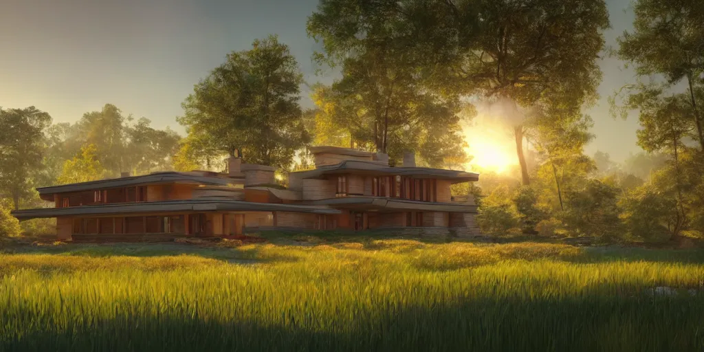 Prompt: cottagecore illustration of a Frank Lloyd Wright house in a meadow by stream in Spring, Pixar and Disney animation, sharp, Rendered in Unreal Engine 5, art by Greg Rutkowski, Bloom, dramatic lighting, sunrise