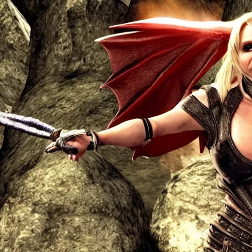 Image similar to Britney Spears fights a dragon in Skyrim