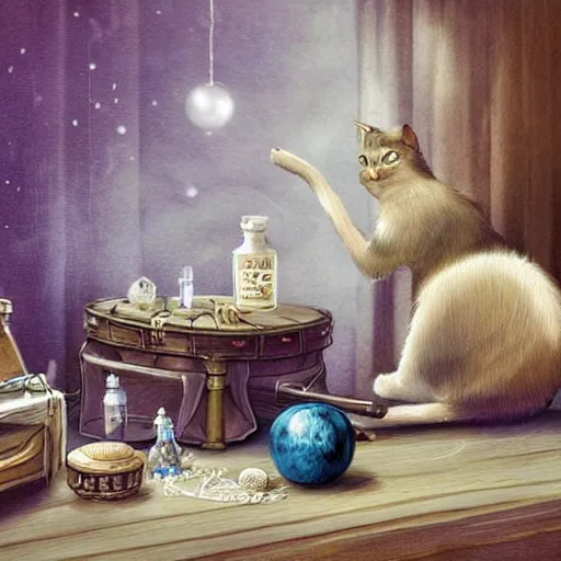 Prompt: a full body beautifull witch with white hair in an old room. A cristal ball on a wood table with a potions and old instruments. A cat on the floor licking his paw. in a fantasy style paiting