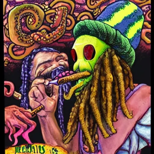 Prompt: an _ octopus _ as _ cheech _ and _ chong _ with _ a _ jamaican _ cap _ and _ dreadlocks _ smoking _ a _ thick _ cigar _ psychdelic _ multicolored _ 8 _ k _