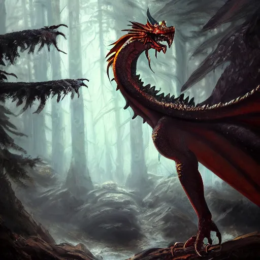 Image similar to oil painting of dragon in cold forest, dnd character, fantasy, magic, realistic textured skin, big lizard head, eagle feather, glowing eyes, clear clean, artgem, boris valejo, goro fujita, frank frazetta, trending on artstation, digital painting, beautiful, very detailed, pixar