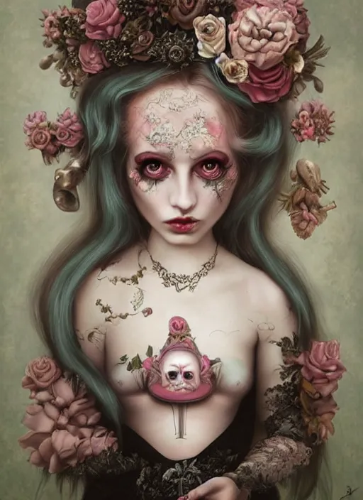Prompt: pop surrealism, lowbrow art, realistic cute princess painting, bridal victorian fashion, hyper realism, muted colours, rococo, natalie shau, loreta lux, tom bagshaw, mark ryden, trevor brown style,