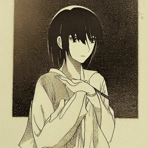 Image similar to Makise kurisu, engraving, old book, etching