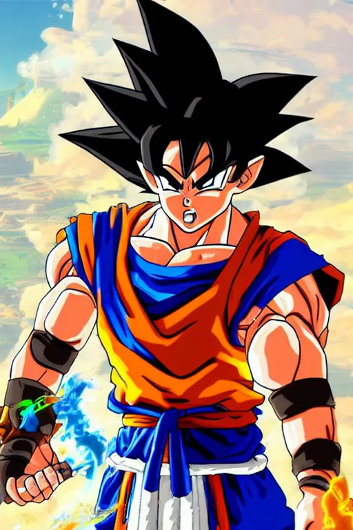 Image similar to an in game portrait of goku from the legend of zelda breath of the wild, breath of the wild art style.