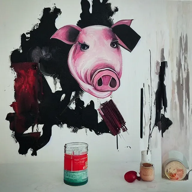 Image similar to “ a portrait in a female art student ’ s apartment, sensual, a pig theme, art supplies, paint tubes, ikebana, herbs, a candle dripping white wax, black walls, squashed berries, berry juice drips, acrylic and spray paint and oilstick on canvas, surrealism, neoexpressionism ”