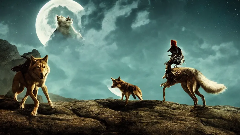 Image similar to epic cinematic shot of david bowie riding a wolf at night on a cliff with the moon in the background; artstation; deviantart; high quality trending