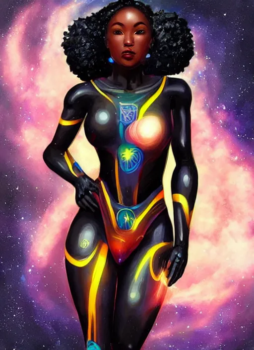 Image similar to beautiful black woman in an advanced spacesuit in front of exploding nebulae halos, digital illustration trending on artstation by artgerm and rutkowski