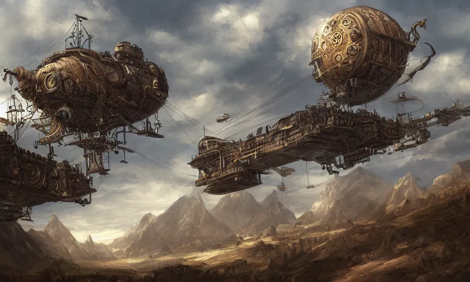 Image similar to steampunk airship over mountains, digital art, concept art, fantasy art, highly detailed, hd wallpaper, artstation, deviantart, behance