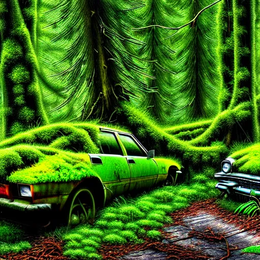 Image similar to a junk yard in the forest, overgrown with moss and ivy, detailed, realistic digital art,