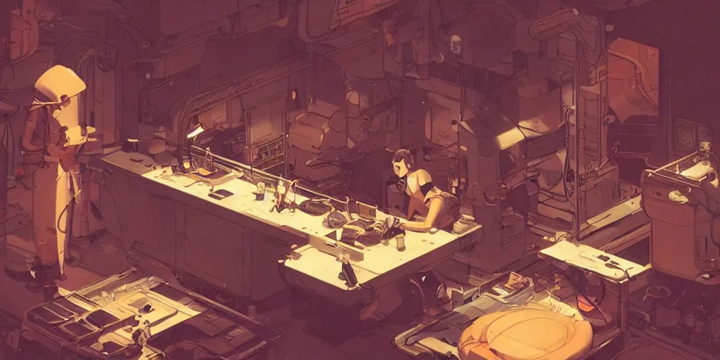 Image similar to concept art, intimate, retro, atomic age, droid repair workshop, 7 0 s aesthetics and palette, soft lighting, syd mead, akihiko yoshida, cinematic