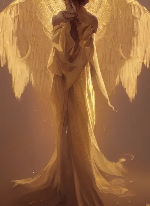 Prompt: a Photorealistic dramatic hyperrealistic render of an angel, gold clothes, dramatic lighting, by WLOP,Artgerm,Greg Rutkowski,Alphonse Mucha, Beautiful dynamic dramatic dark moody lighting,shadows,cinematic atmosphere,Artstation,concept design art,Octane render,8K