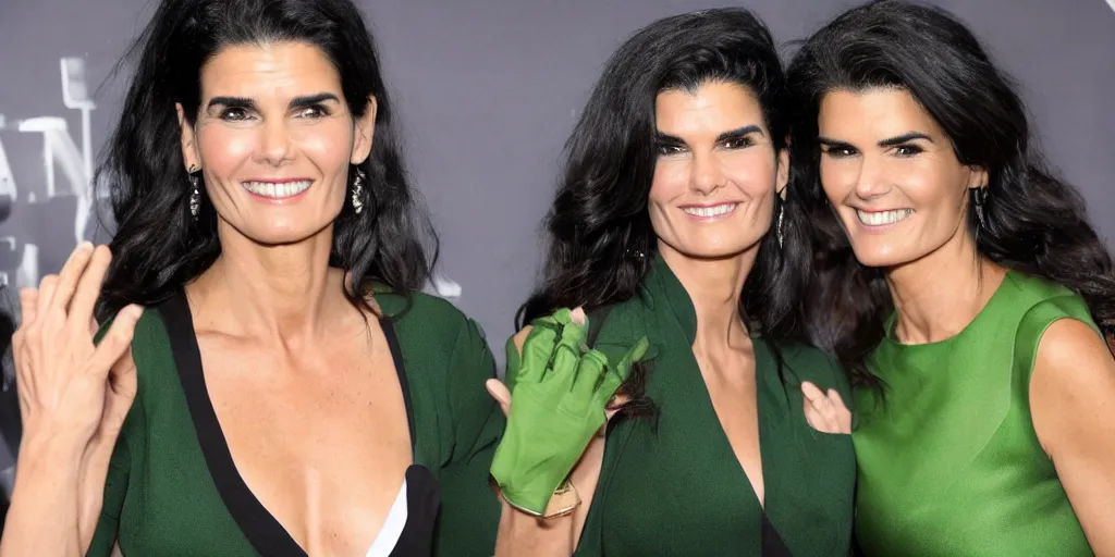 Image similar to ultra wide angle color photo of angie harmon dressed in a white blouse and black dress pants as jen walters looking at herself in a bathroom mirror and seeing her reflection as the green skinned she hulk