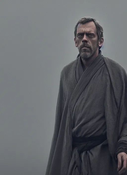 Image similar to hugh laurie as obi vam kenobi, long sleeve, confident, fog, rain, volumetric lighting, sharp focus, ultra detailed, cgsociety by leesha hannigan, ross tran, thierry doizon, kai carpenter, ignacio fernandez rios, noir art house,