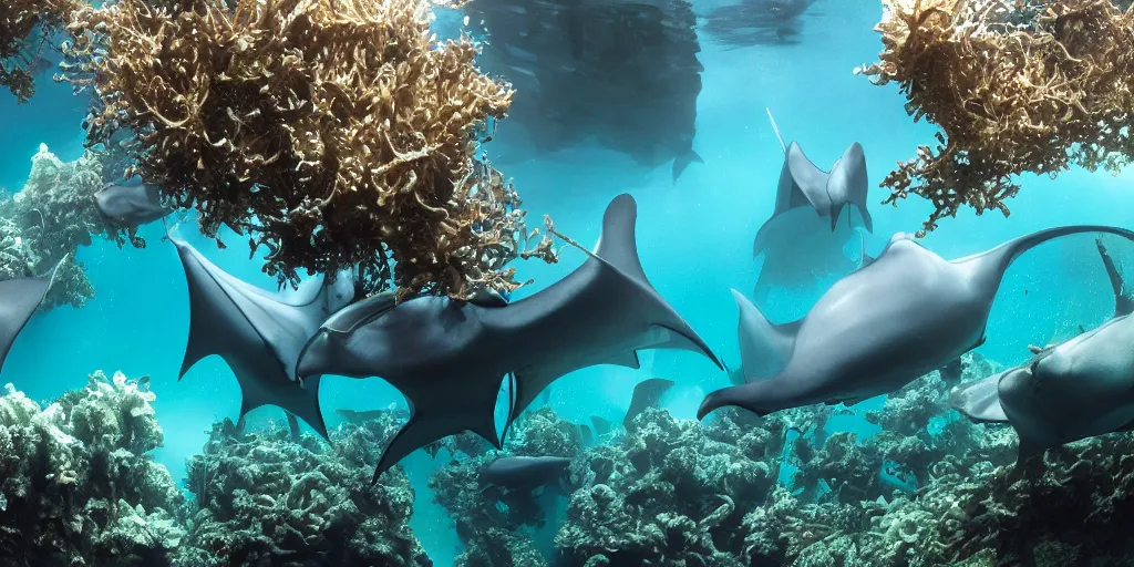 Image similar to hyperrealistic underwater photography, panoramic picture of an ocean floor with in the distance some manta rays. focus on the sharks. the manta rays are anatomically correct and highly detailed. the eyes are intricately detailed. there are lots of bubbles. seaweed and some rocks. gloomy scattered light entering from the water surface, trending on artstation, hq, 4 k