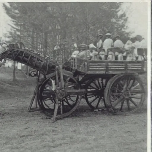 Image similar to grainy 1800s photo of a very large mechanical animal used to transport people