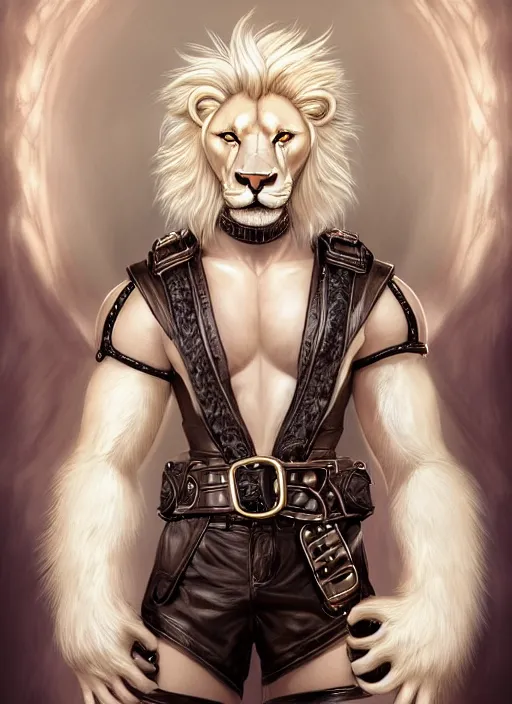 Prompt: aesthetic portrait commission of a of a male fully furry muscular anthro albino lion wearing attractive leather harness and shorts with a tail and a beautiful attractive hyperdetailed face r, safe for work (SFW). Character design by charlie bowater, ross tran, artgerm, detailed, inked, award winning film poster painting