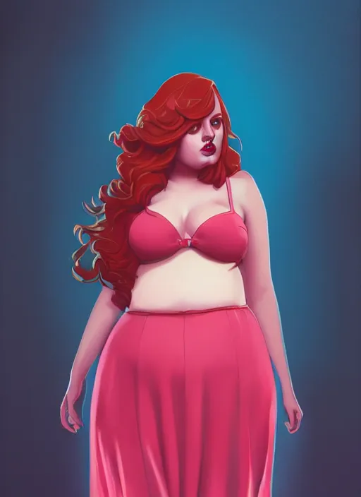 Image similar to full body portrait of teenage cheryl blossom, obese, bangs, sultry, realistic, red hair, sultry smirk, wavy hair, pink skirt, fat, belly, intricate, elegant, glowing lights, highly detailed, digital painting, artstation, concept art, smooth, sharp focus, illustration, art by wlop, mars ravelo and greg rutkowski