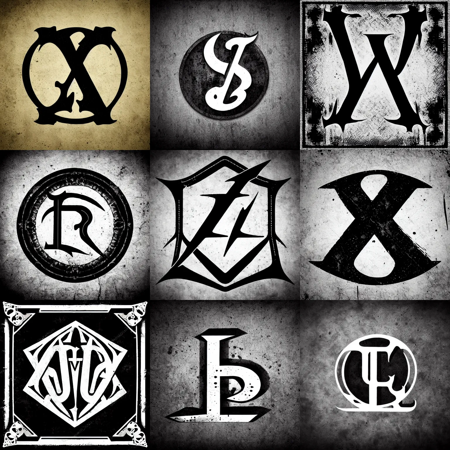 Prompt: logo in gothic style, letter t, influenced by heavy metal, dark, grayscale, vintage, fantasy