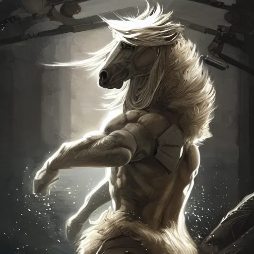 Image similar to splash art of bara horse, wearing tactical kevlar fabric, long white mane, exaggerated muscles, highly detailed, furry, furaffinity, digital painting, artstation, sharp focus, illustration, art by artgerm, greg rutkowski, alphonse mucha