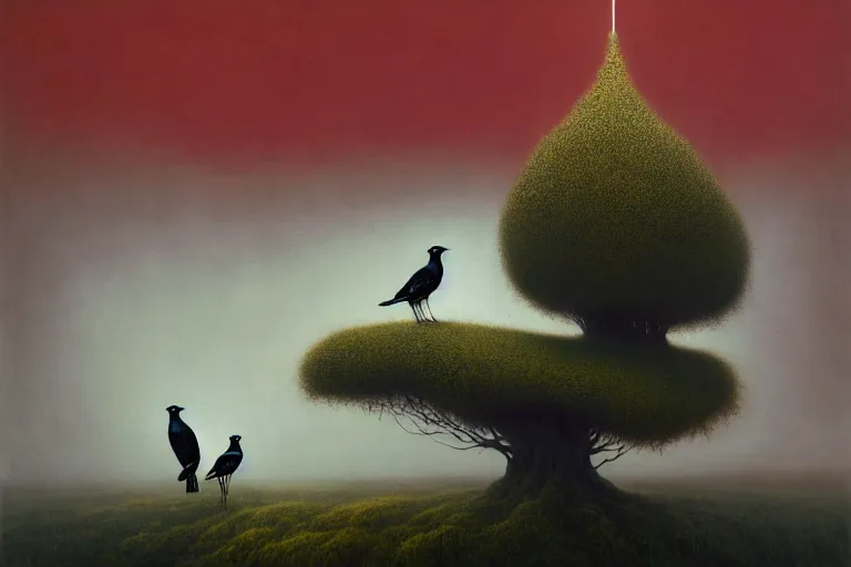 Image similar to a magpie family hosting their magpie relatives on top of a pine tree, in the style of rafał olbinski, in the style of beksinski, in the style of gediminas pranckevicius, intricate and epic composition, red by caravaggio, insanely quality, highly detailed, masterpiece, purple light, artstation, 4 k