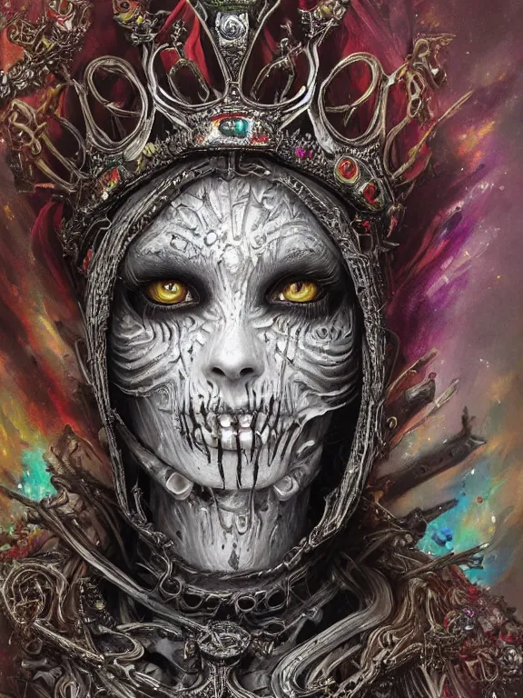 Prompt: art portrait of an undead lich queen, ornate crown, intricate detailed armour ,8k,by tristan eaton,Stanley Artgermm,Tom Bagshaw,Greg Rutkowski,Carne Griffiths, Ayami Kojima, Beksinski, Giger,trending on DeviantArt,face enhance,hyper detailed,minimalist,cybernetic, android, blade runner,full of colour,