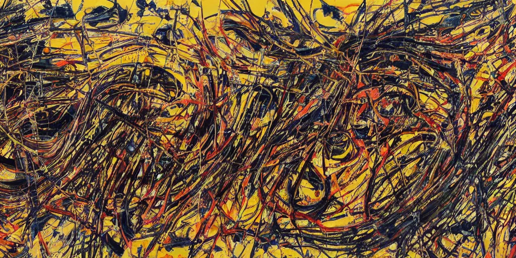 Prompt: an ultra detailed oil painting where the paint strokes embody the brass section of a symphony by jackson pollock, collaboration with pierre soulages, triadic color scheme