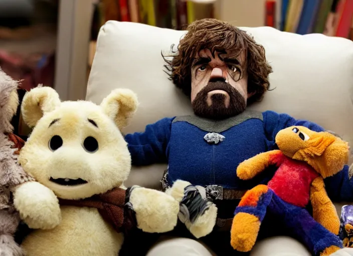 Image similar to peter dinklage hiding in stuffed animals at night, movie still, from the new toys r us movie, 8 k, realistic