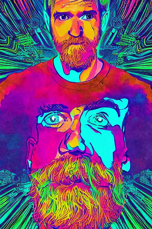 Image similar to inspirational style hope poster of bo burnham with beard, psychedelic colors, highly detailed, realistic, loving