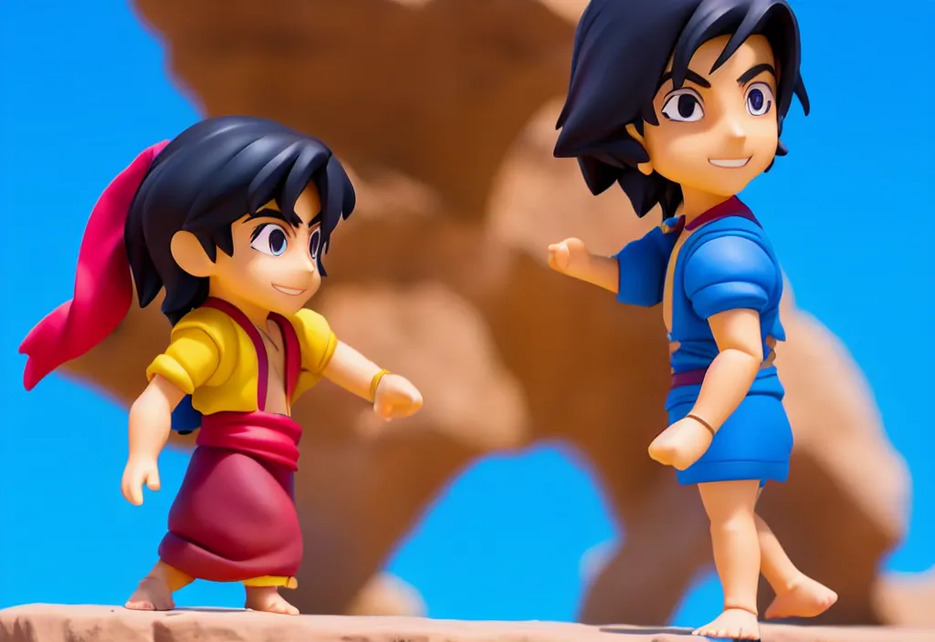 Image similar to side view of young aladdin of disney movie as nendoroid running in desert village, 8 k hd dof, kodak film,