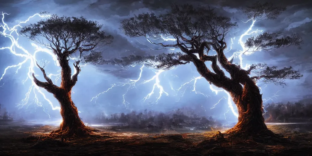 Prompt: the lightning tree, overexposure, electricity, night, unreal engine, digital art, 8 k, oil painting, fantasy art, illustration, detailed and intricate environment