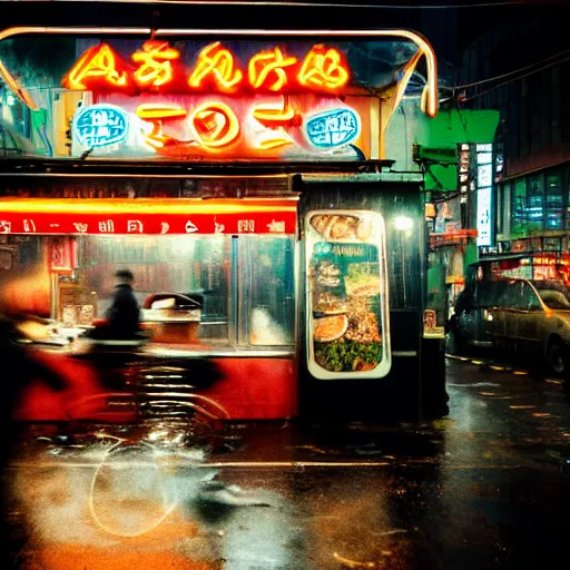 Image similar to a street noodle bar in the rainy city of neolondon, a steaming bowl of ramen sitting on the table against the rainy background of neon signs, cyberpunk, futuristic, grungy, film grain, polaroid photograph