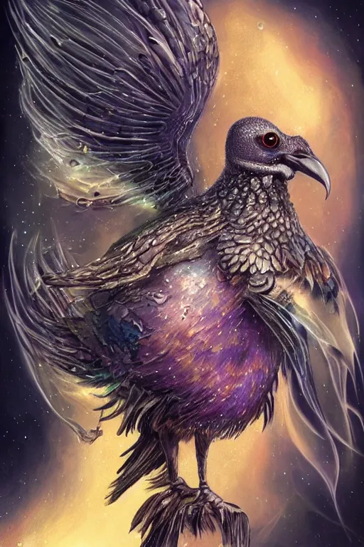 Image similar to a wlop 3 d render of very very very very highly detailed beautiful mystic portrait of a phantom undead raven bird with whirling galaxy around, tattoos by anton pieck, intricate, extremely detailed, digital painting, artstation, concept art, smooth, sharp focus, illustration, intimidating lighting, incredible art,