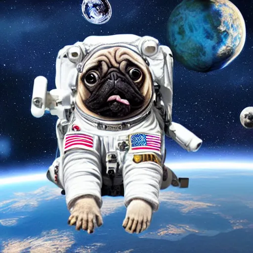 Image similar to hyper realistic, highly detailed, astronaut pug in space.