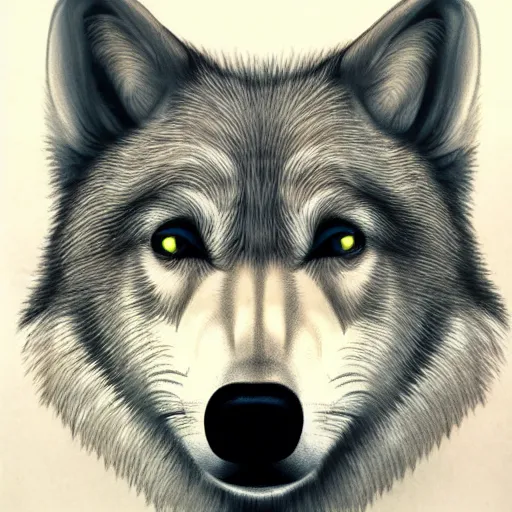 Image similar to realistic portrait of retarded wolf, eyes in different directions, very ugly, stupid