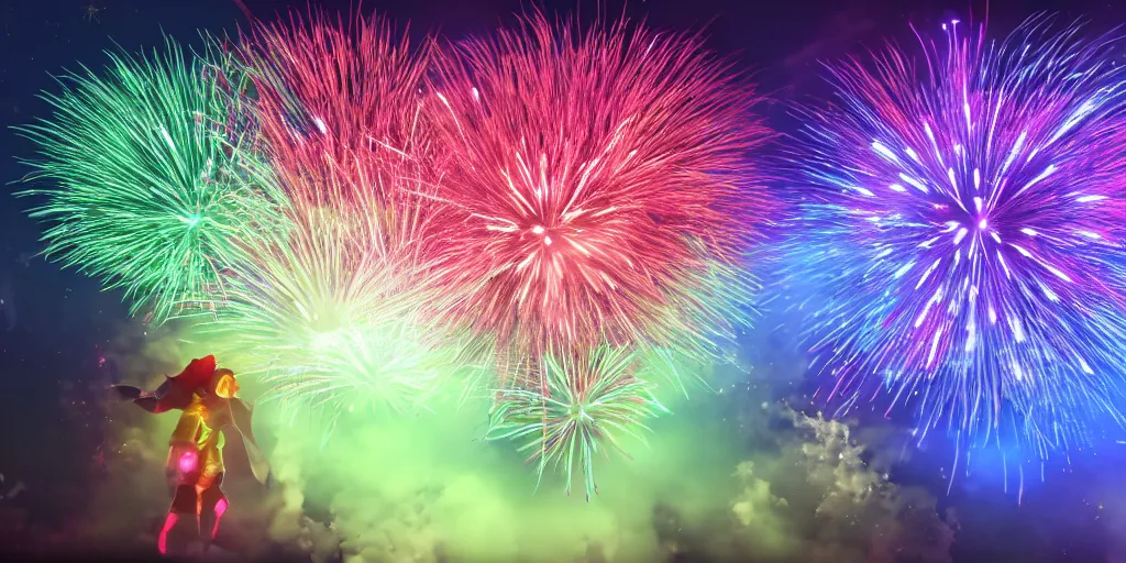 Prompt: rgb fireworks bursting in the sky form shapes the resemble ( ( ( ( ( baby yoda ) ) ) ) ). 8 k, 4 k, hq, 3 d render, digital art, dramatic lighting, comedy, science fiction, hyper realistic, ultra detailed.