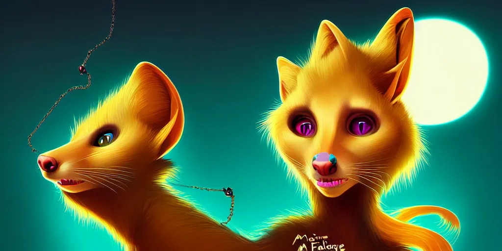 Image similar to curved perspective, extreme narrow, extreme fisheye, digital art of a female embalmed marten animal wearing jewlery with blonde hairstyle by anton fadeev from nightmare before christmas