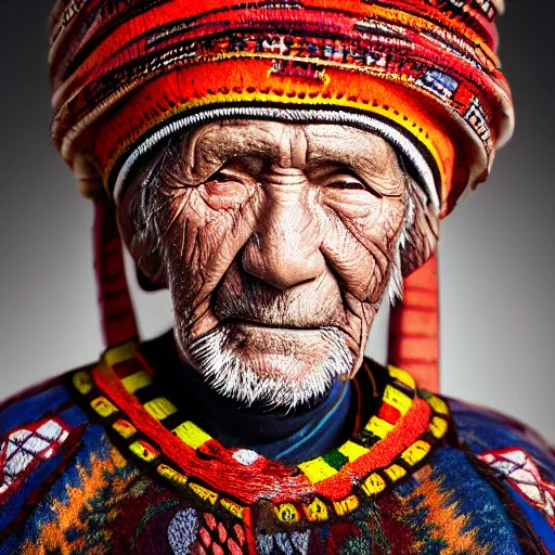 Prompt: award winning portrait of an elderly Sami man in traditional Sami clothing, realistic, detailed, rugged, worm, colorful, warm studio lighting