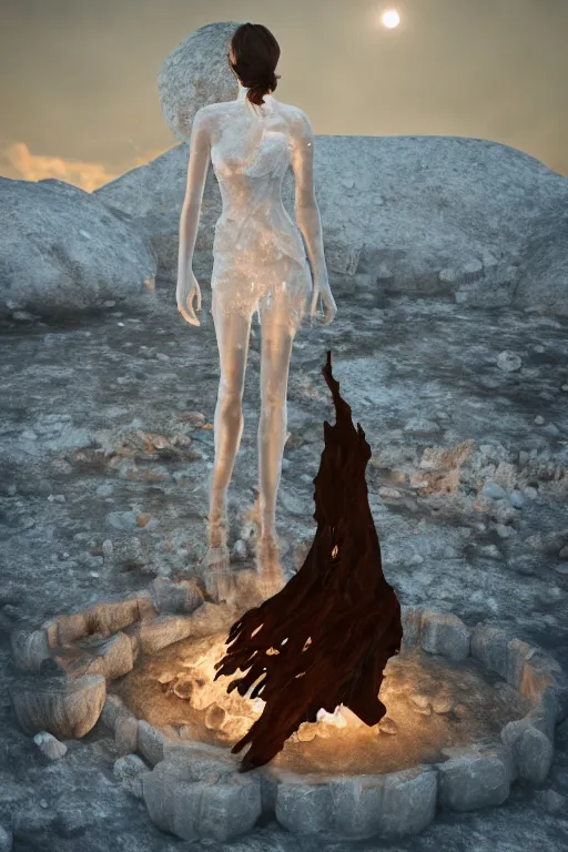 Image similar to a beautiful woman made out of crystal ice sitting by a campfire and slowly melting, by iris van herpen, unreal engine 5, volumetric lighting, path tracing, outdoor campfire pit