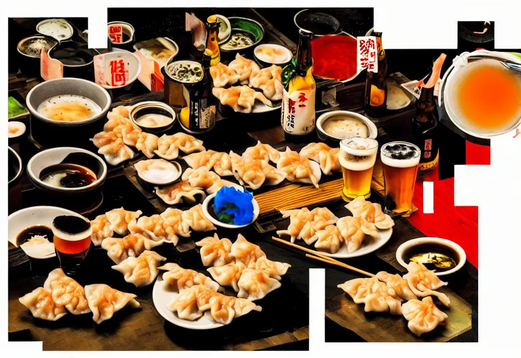 Prompt: night crowd eating gyoza and drinking beer at a nighttime izakaya in shinbashi tokyo, japan, a collage painting, in the style of wes anderson, lola dupre, david hockney, isolated on negative white space background dark monochrome fluorescent neon spraypaint accents volumetric octane render